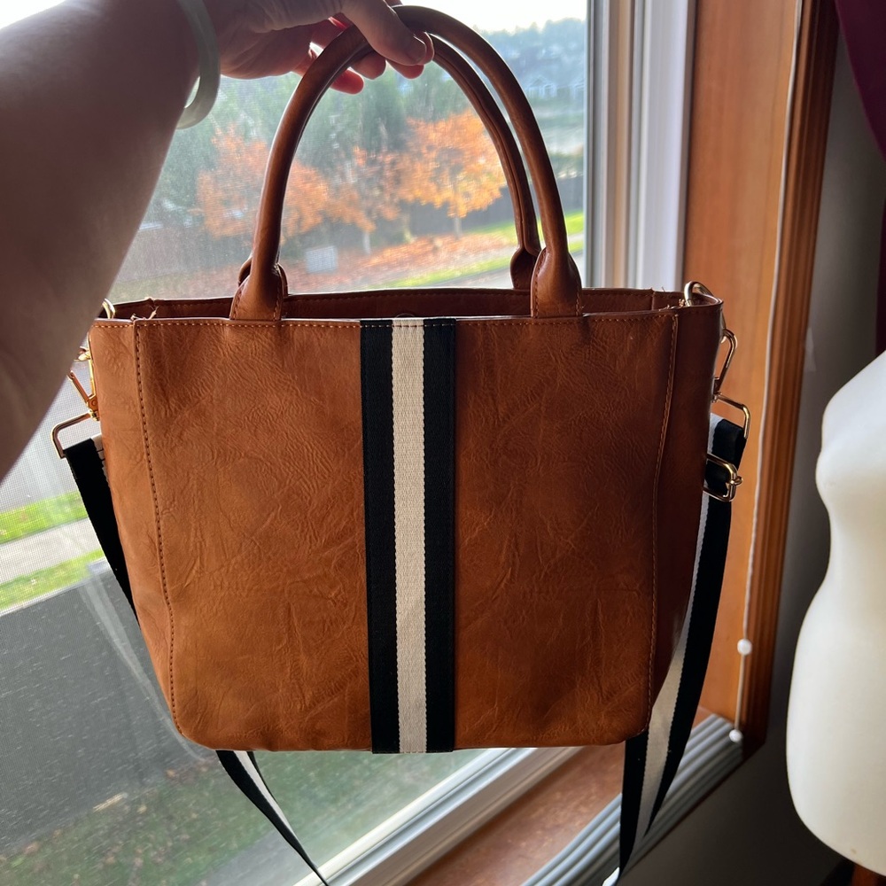 Social Threads Brown Tote Bag with Black and White Stripe